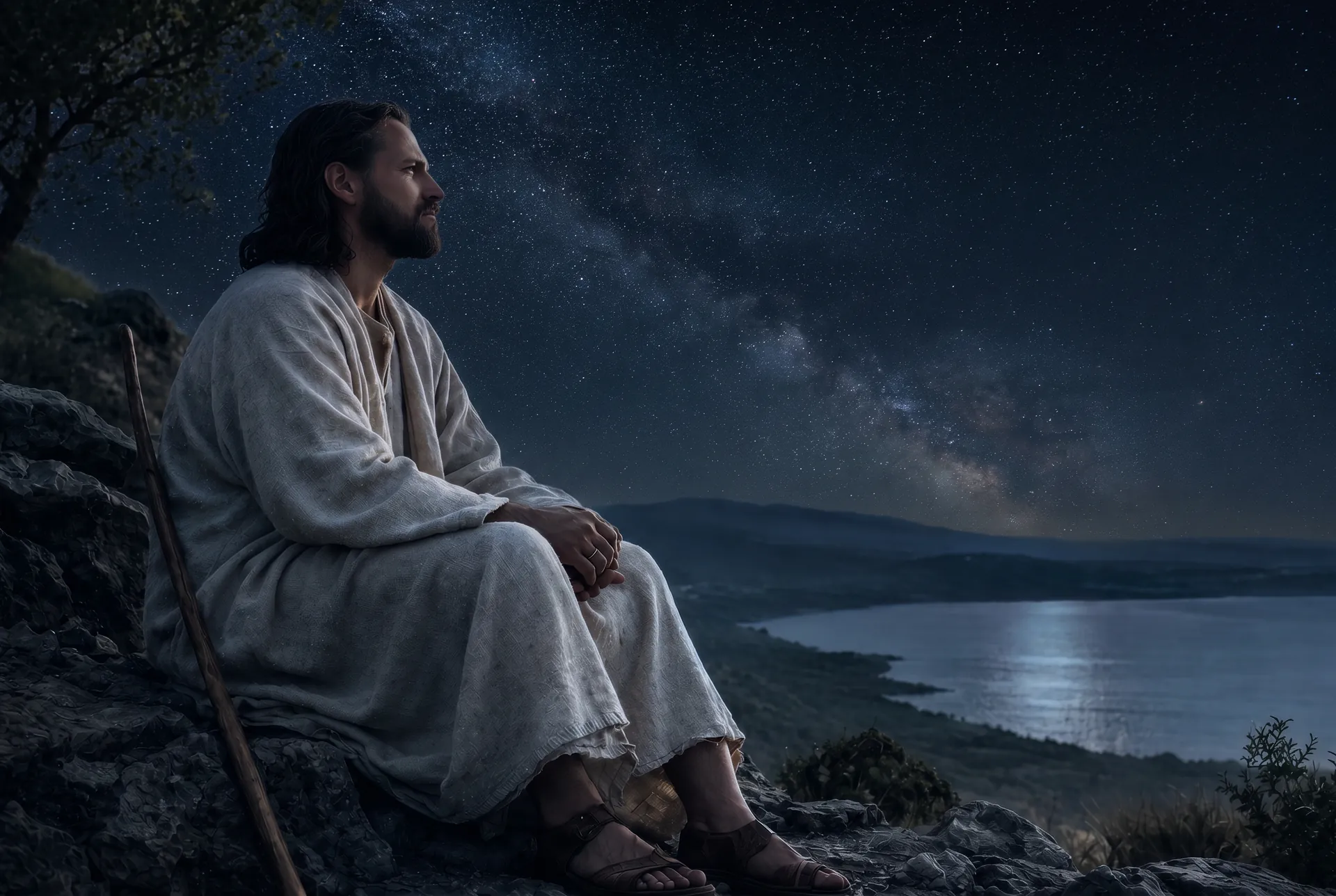 Jesus seated on a hillside at night, looking out over the water beneath a sky full of stars
