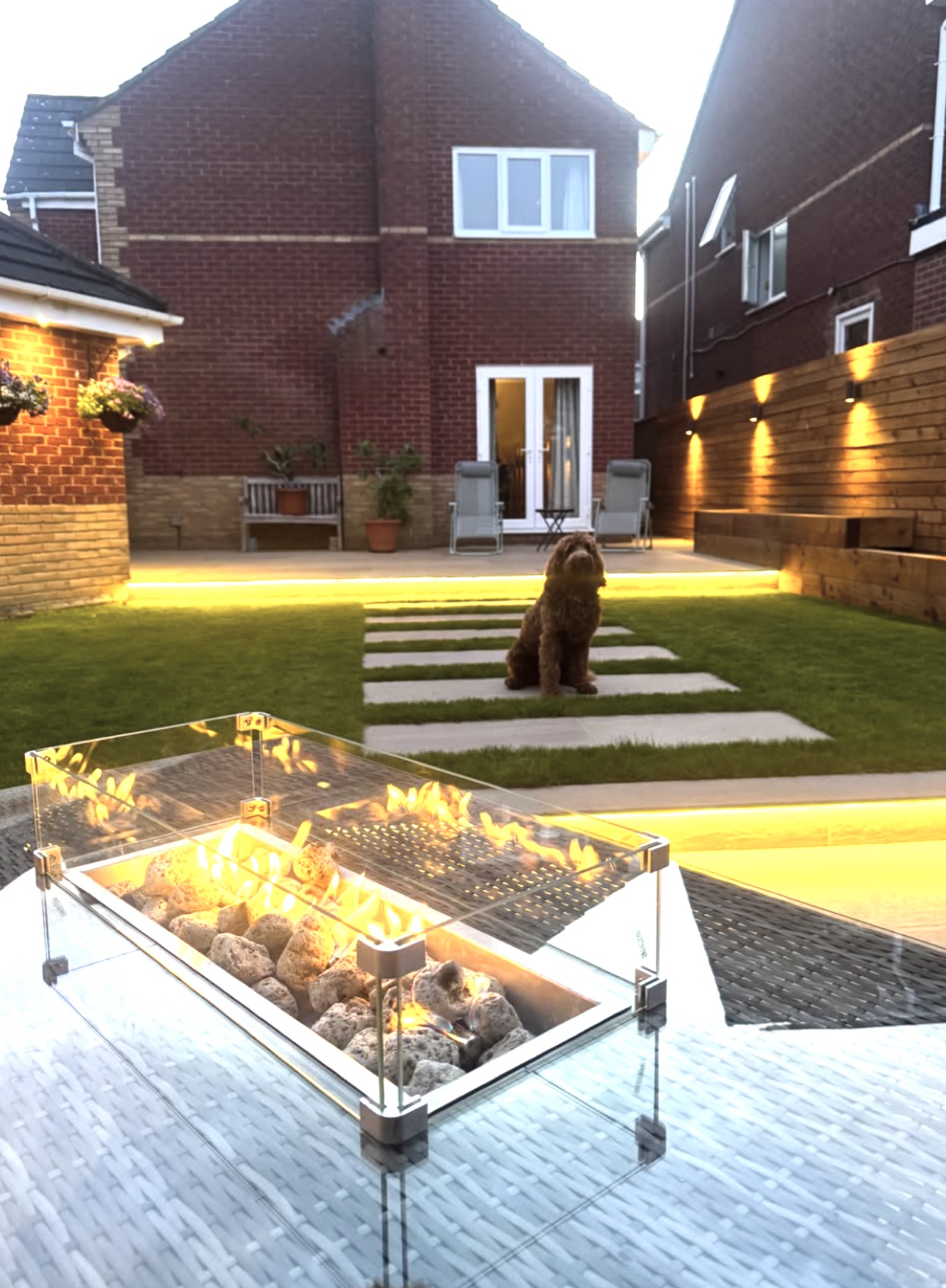Garden lighting at dusk by J P Slater Electrical in Preston