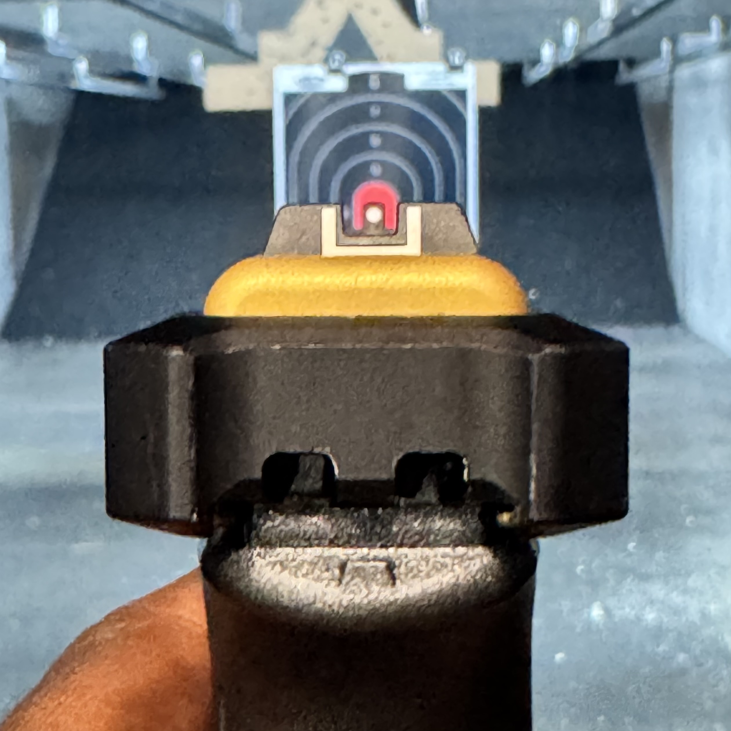 Close view of proper sight alignment during range practice