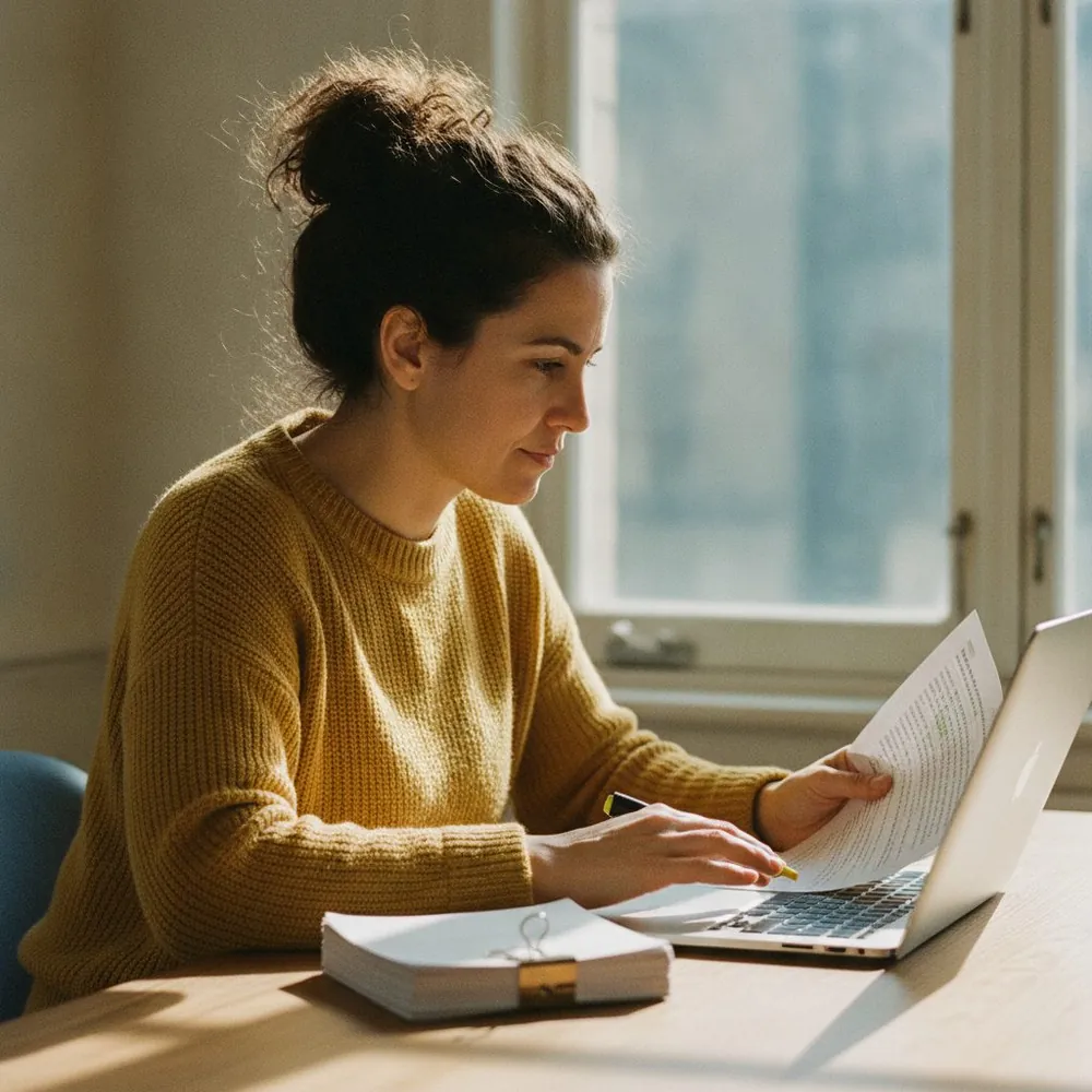 A woman highlighting notes while studying at a laptop