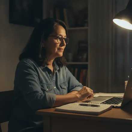A woman working at a laptop in the evening