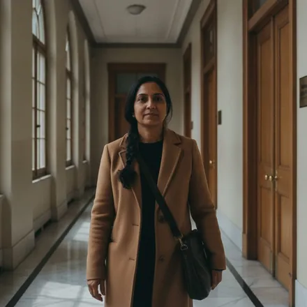 A woman walking through a courthouse hallway