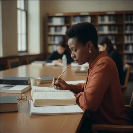A woman studying a textbook in a library
