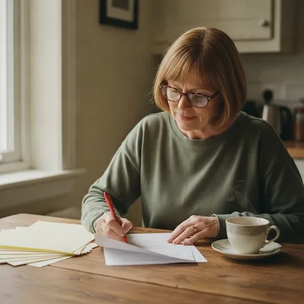 A woman proofreading a printed transcript with a red pen