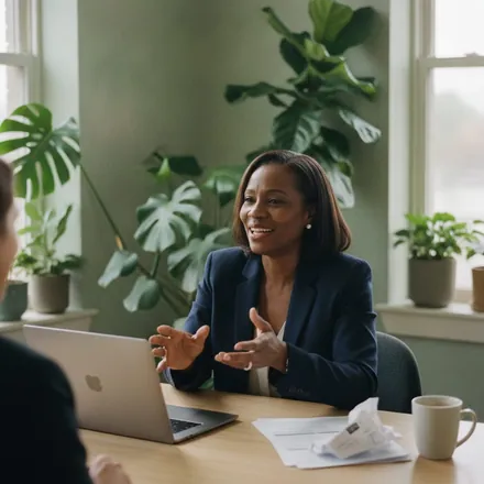 A professional woman in a navy blazer talking at her desk