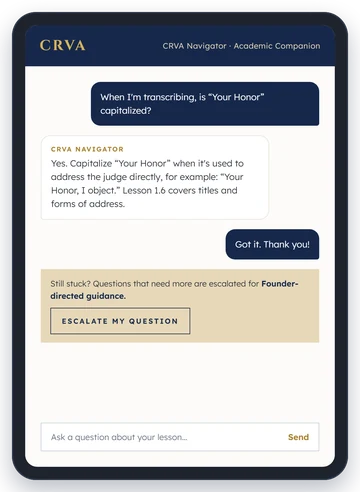 Tablet showing the CRVA Navigator answering a student question