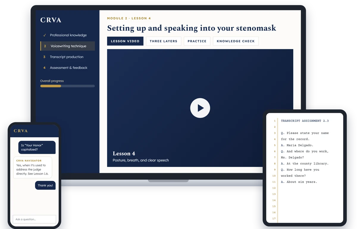 CRVA lessons shown on a laptop, tablet, and phone
