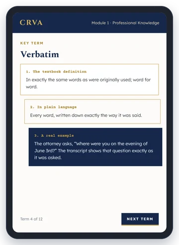 Tablet showing a CRVA key-term lesson taught in three layers