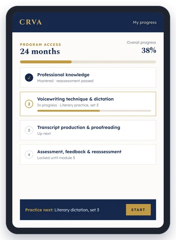 Tablet showing CRVA progress across four modules