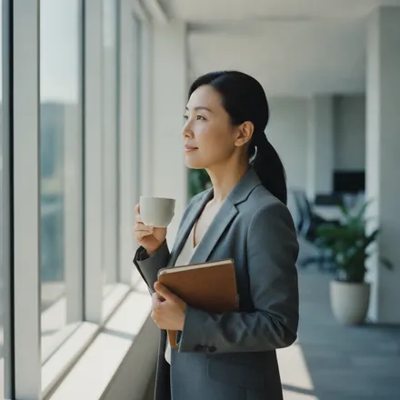 A professional woman looking out an office window, considering her next step