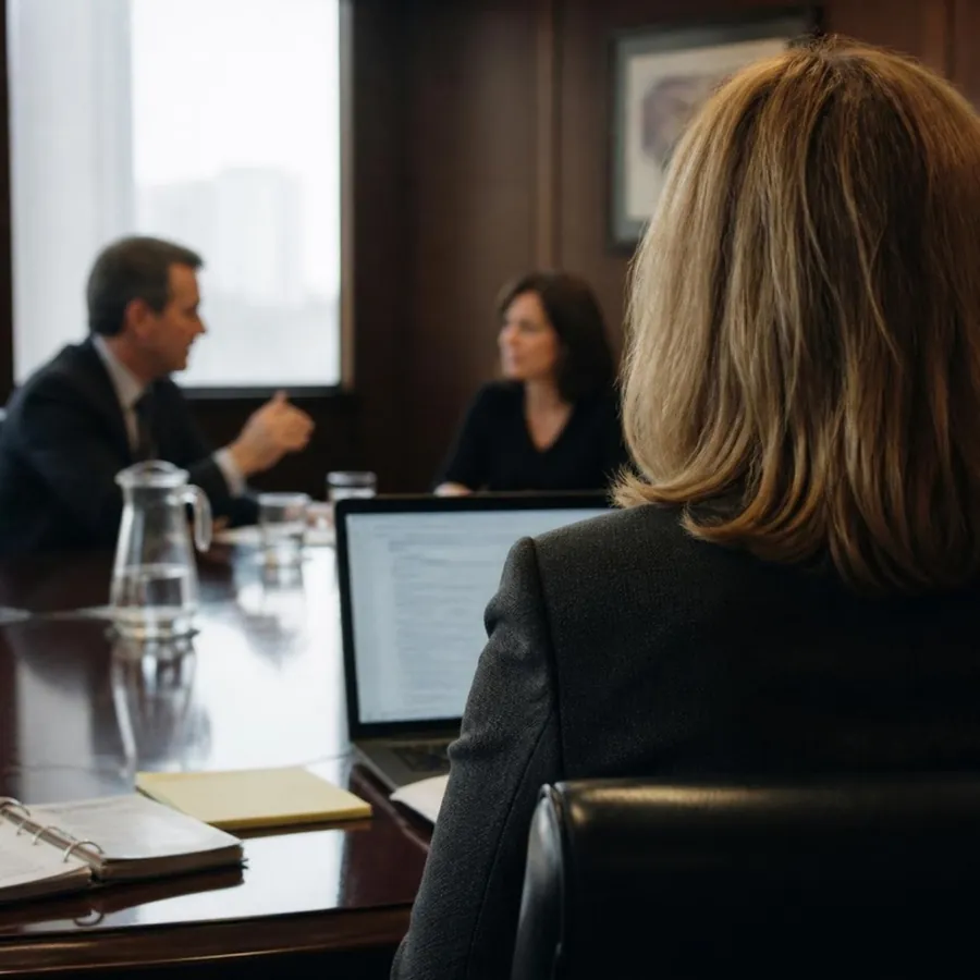 A court reporter at her laptop during a deposition, attorneys speaking across the table
