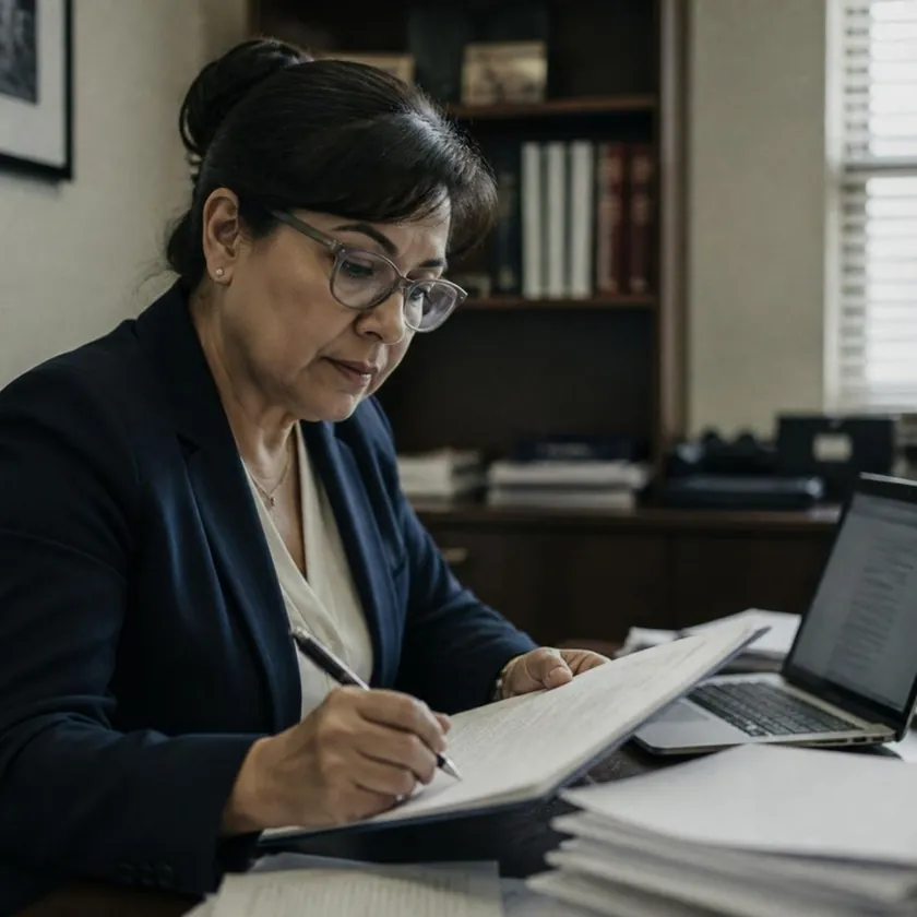 A court reporter proofreading a printed transcript at her desk