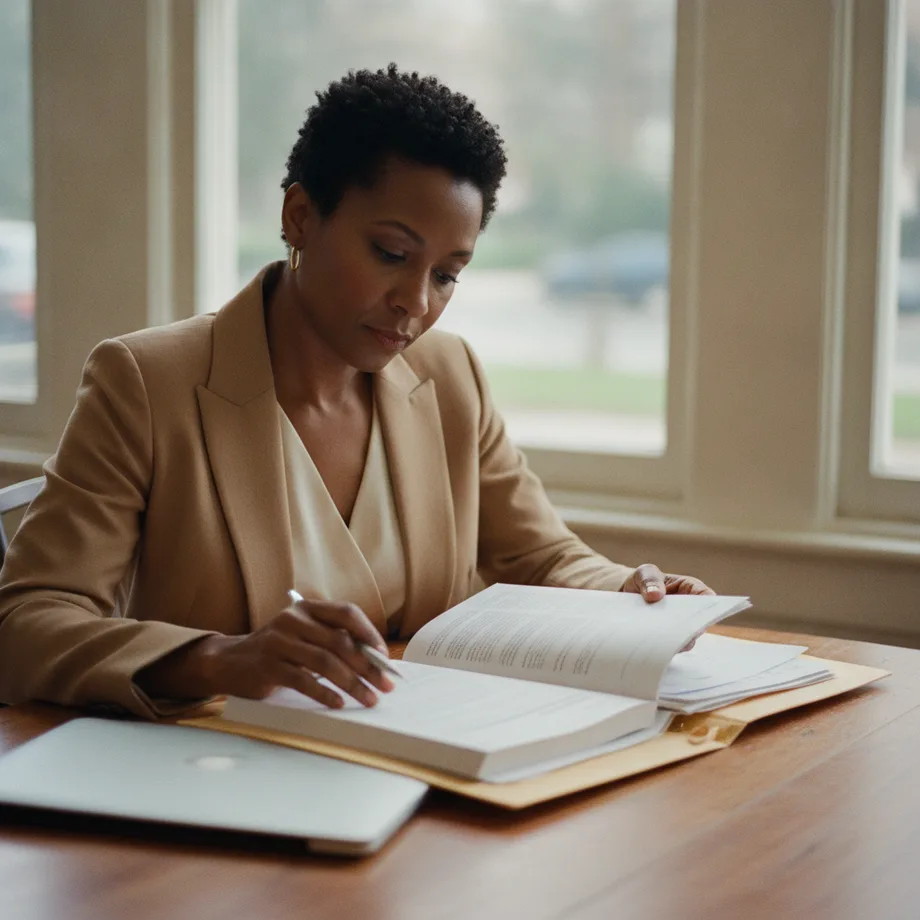 A professional woman reviewing materials at a table