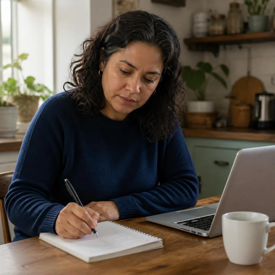 A woman at her kitchen table taking notes beside her laptop