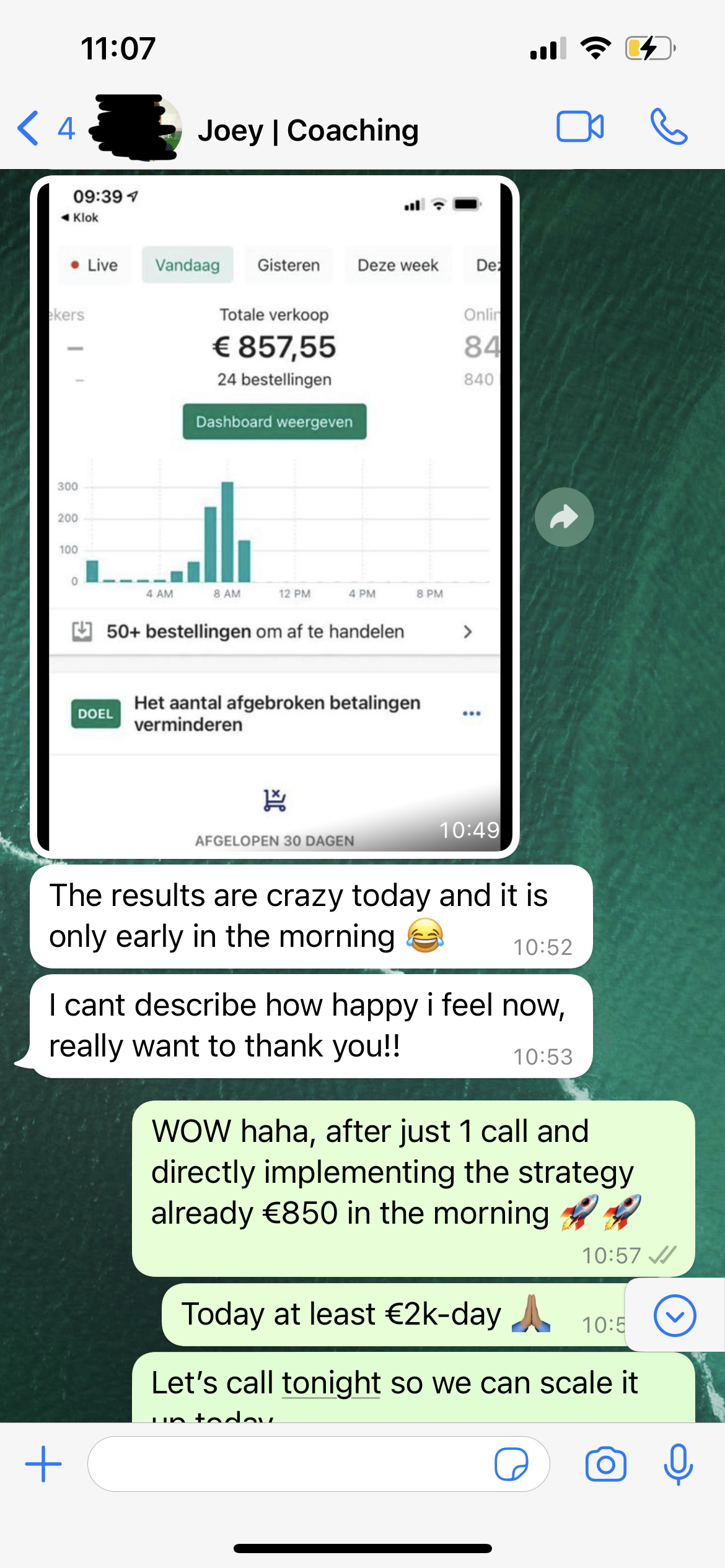 Joey €857 morning, aiming €2K day after one call