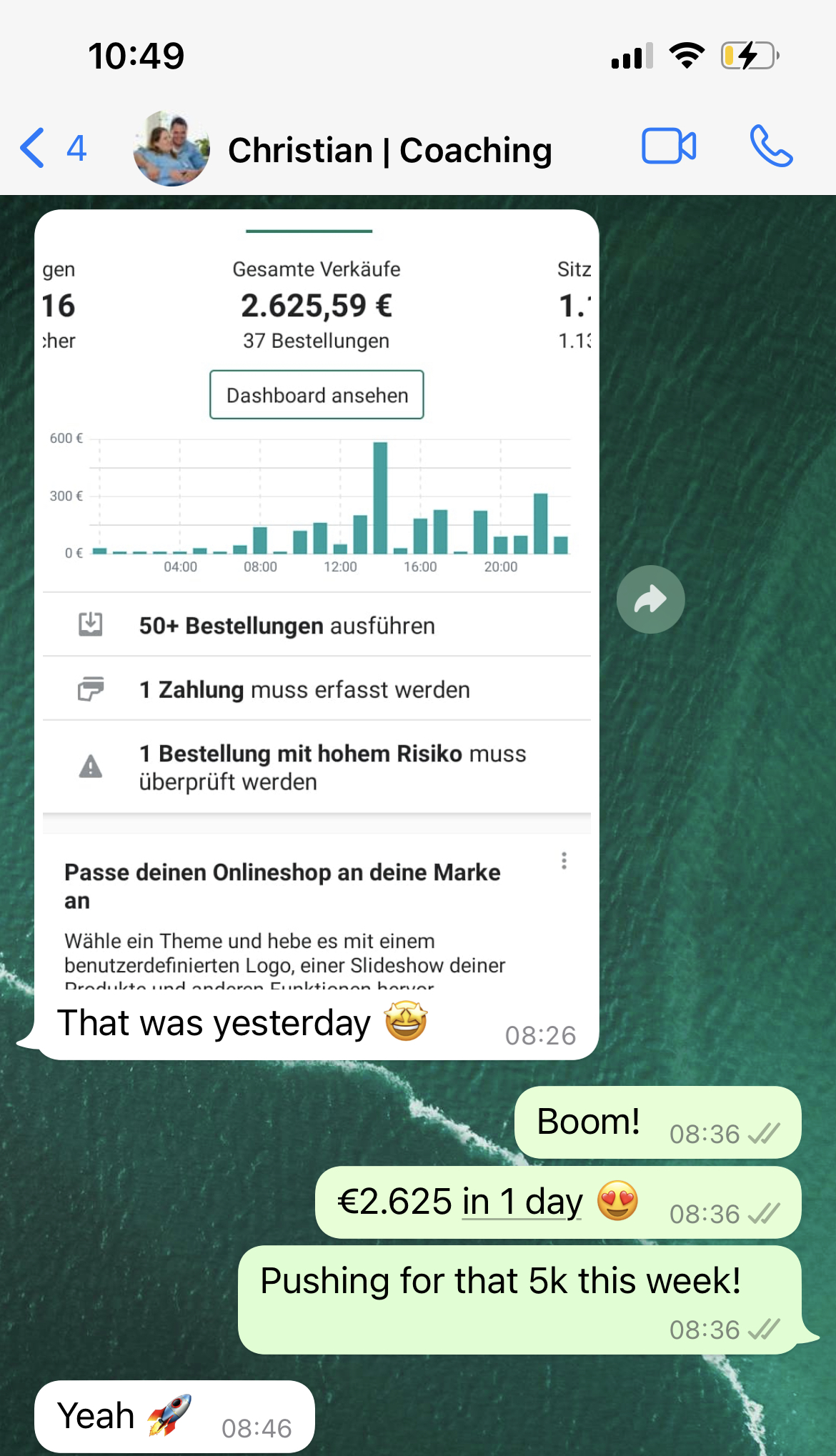 Christian €2,625, 37 orders, pushing for 5K week