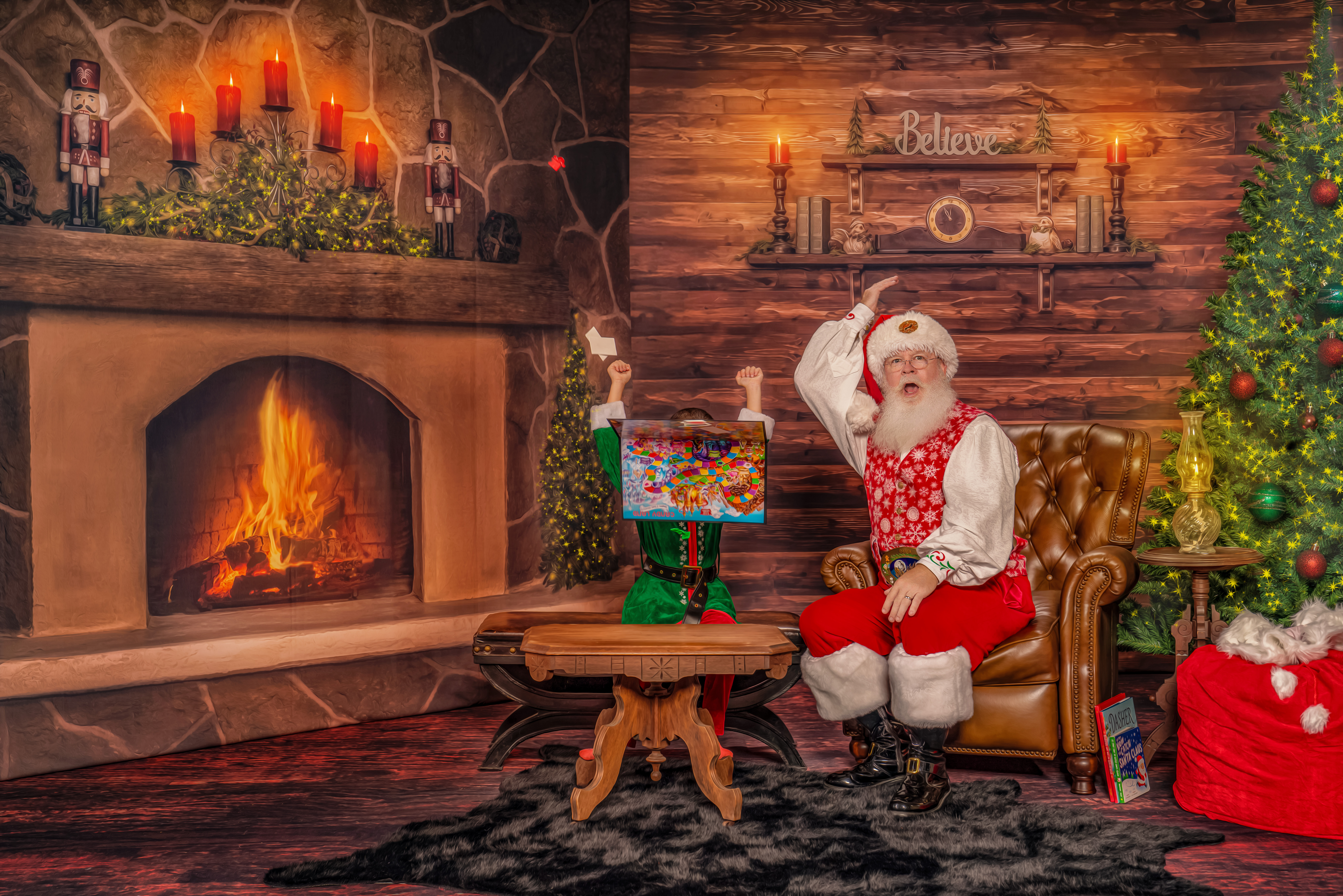 Santa flips the Candy Land game board after losing to Jingle the Elf during The Magic of Santa experience