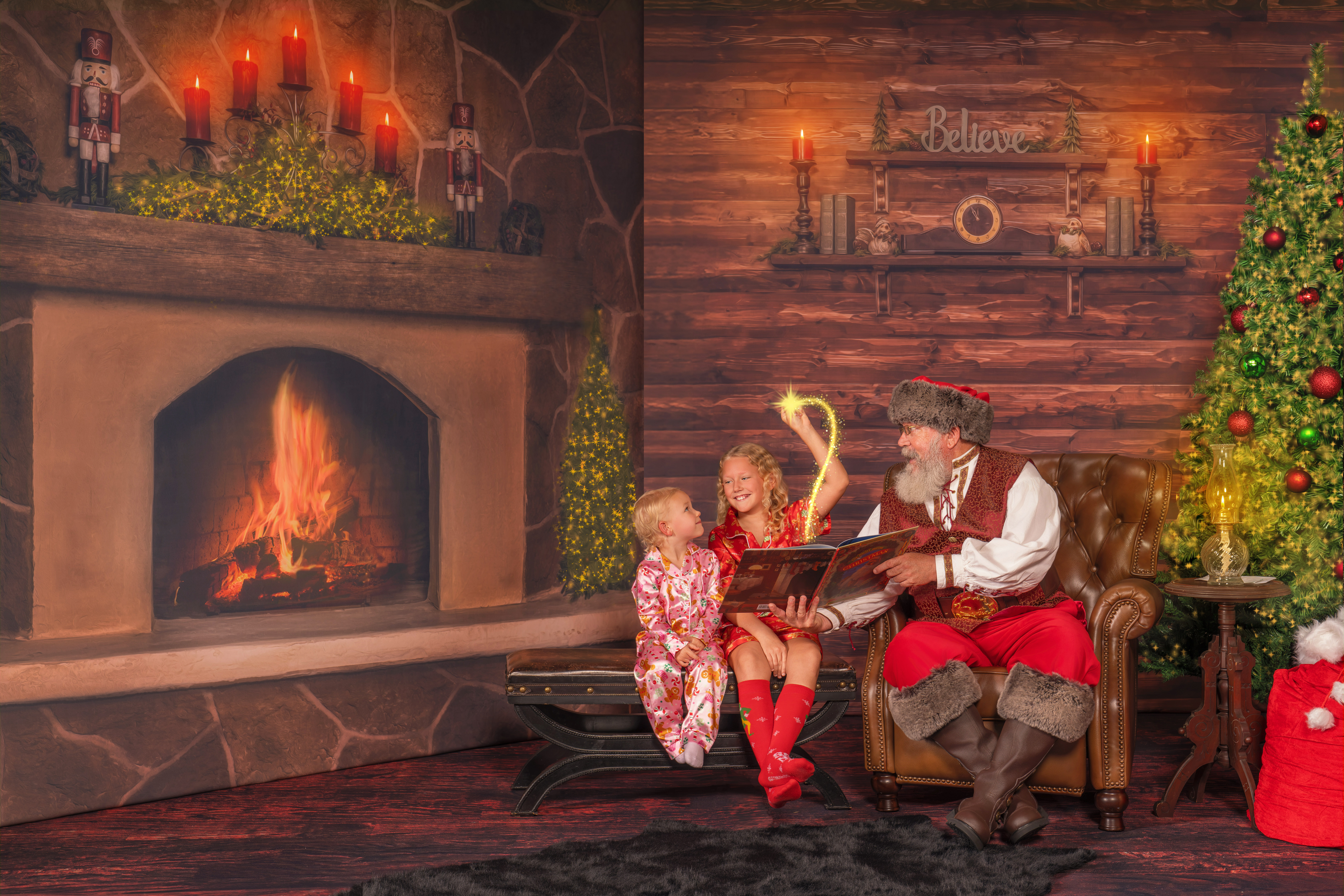 Big sister shows little sister and Santa how magic is done