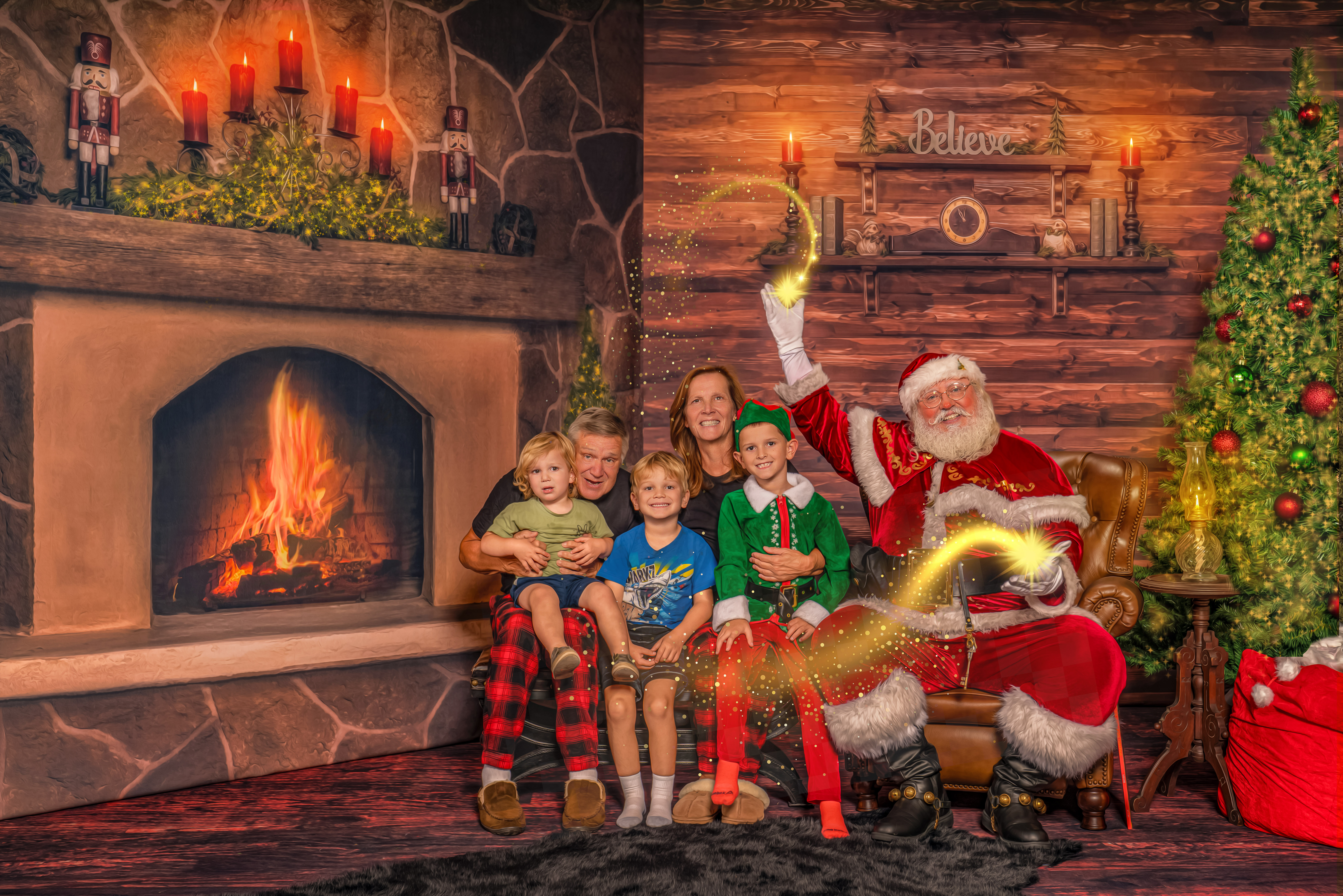 Family sitting together with Santa Mike spreading magic during The Magic of Santa portrait experience