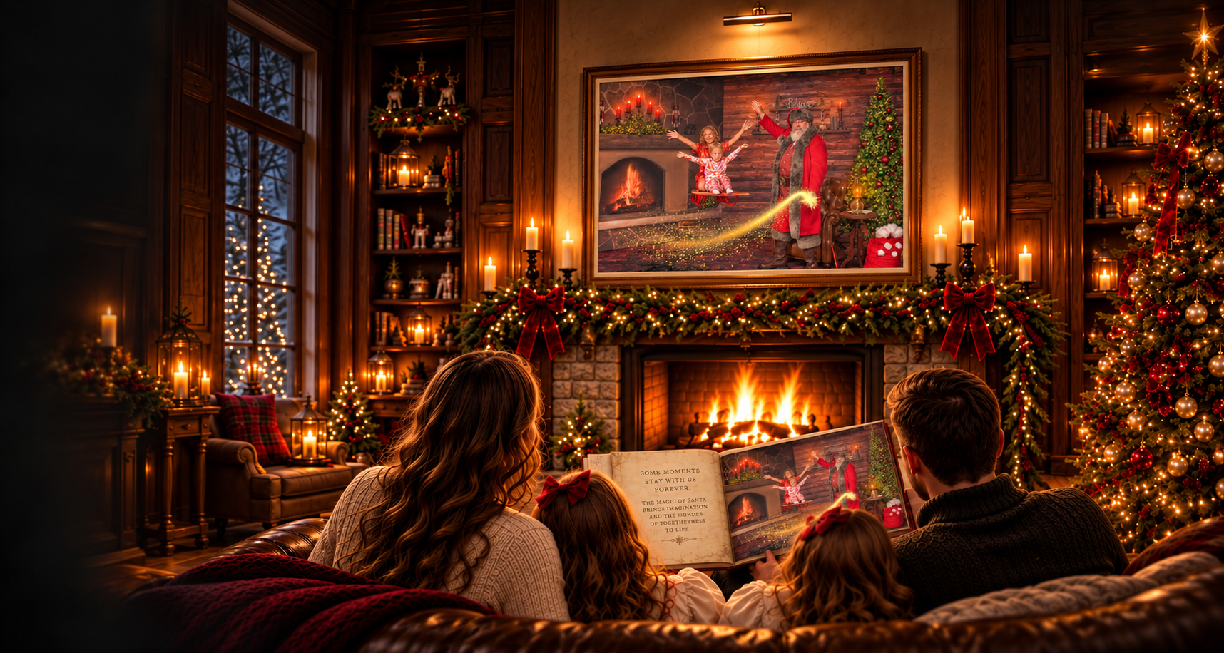 A family sharing a Christmas storybook with Santa by the fireplace during The Magic of Santa experience