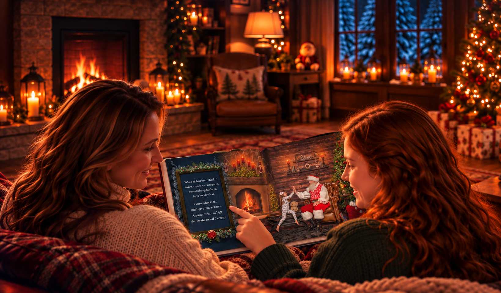 Mother and teenage daughter sitting together at Christmas, looking through her childhood Magic of Santa Storybook.