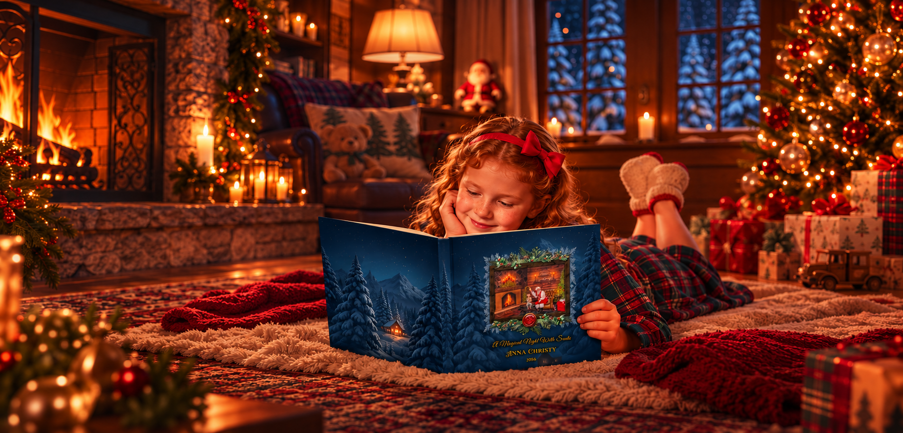 Young girl in Christmas pajamas reading her personalized Magic of Santa Storybook beside a glowing fireplace and decorated Christmas tree