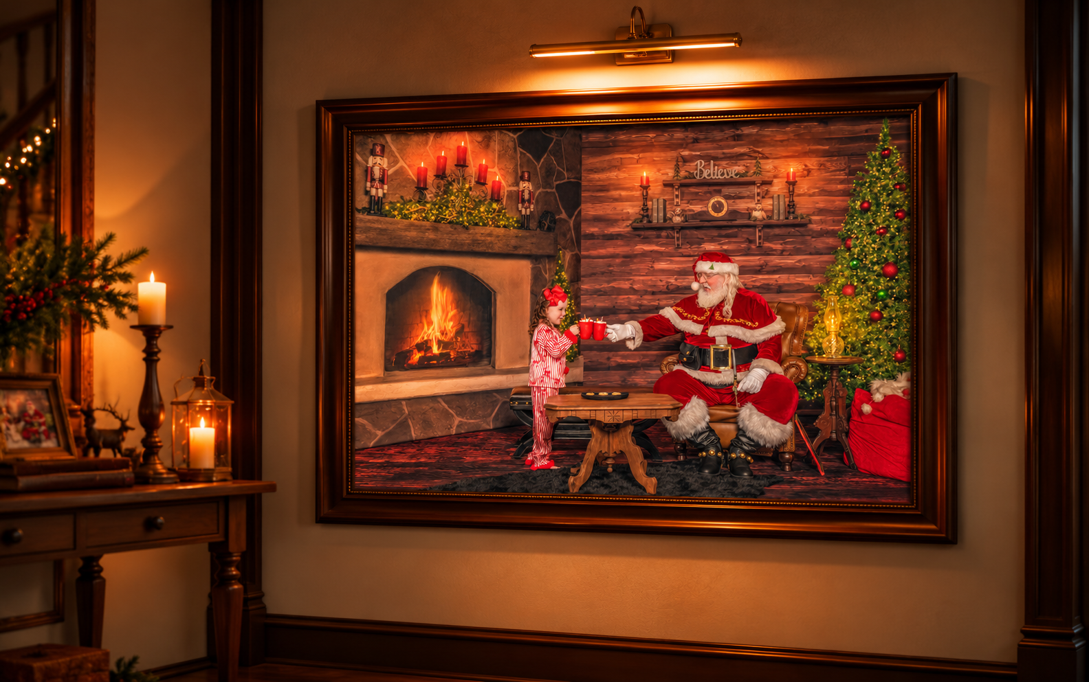 A girl clinks mugs with Santa Mike during a private Magic of Santa portrait experience with Santa