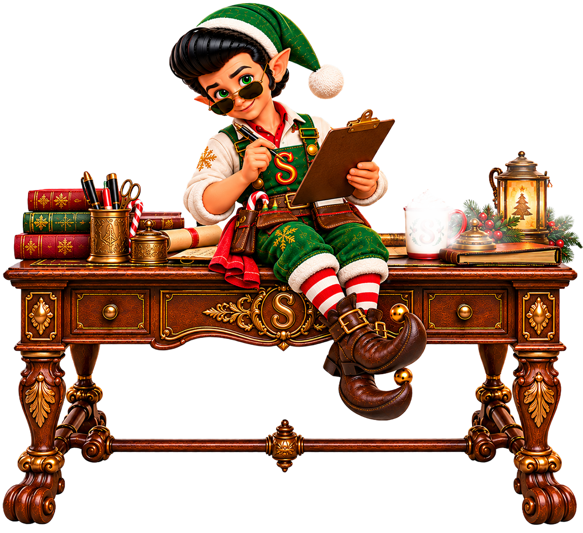 Elfis, Santa's Chief Public Relations Elf, sitting on an ornate wooden desk and writing on a clipboard, with stacked books, a pen cup, a glowing lantern and a warm mug beside him