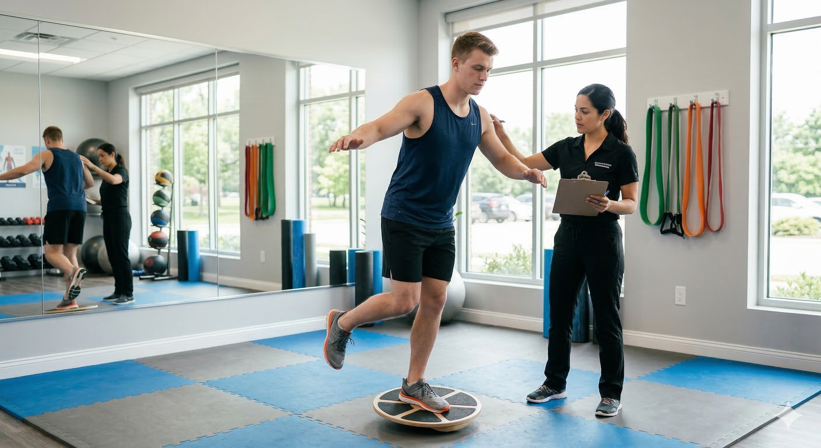 Sports injury rehabilitation and balance training at a physical therapy clinic in Secaucus New Jersey Sports injury rehabilitation and balance training at a physical therapy clinic in Secaucus New Jersey