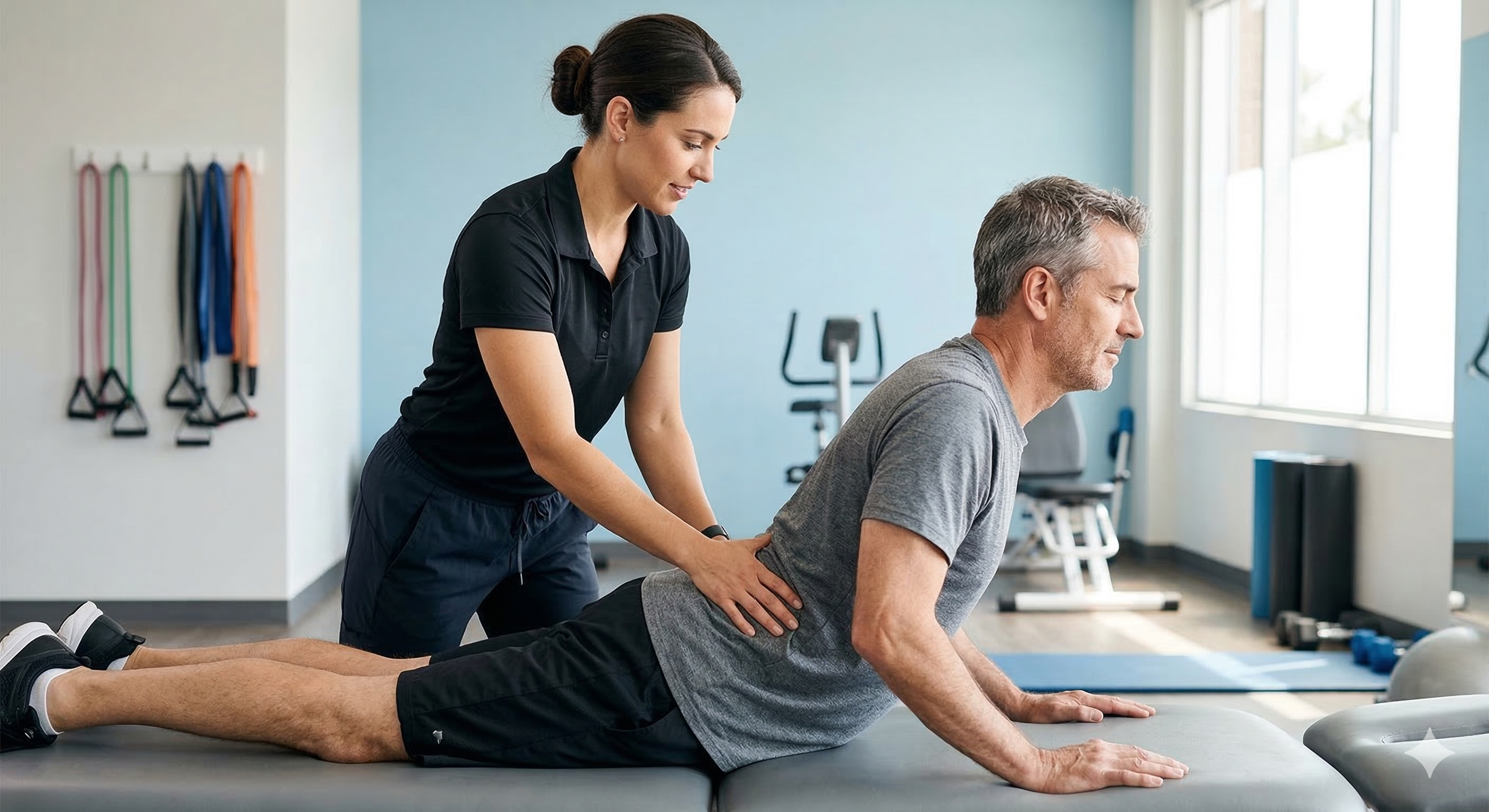 McKenzie Method extension exercise for sciatica treatment performed with a physical therapist