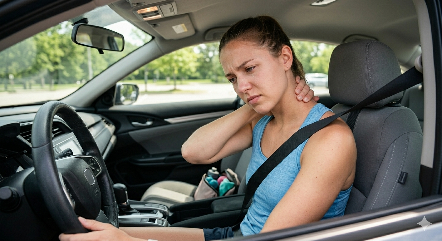Woman experiencing neck pain after a car accident needing whiplash treatment Woman experiencing neck pain after a car accident needing whiplash treatment