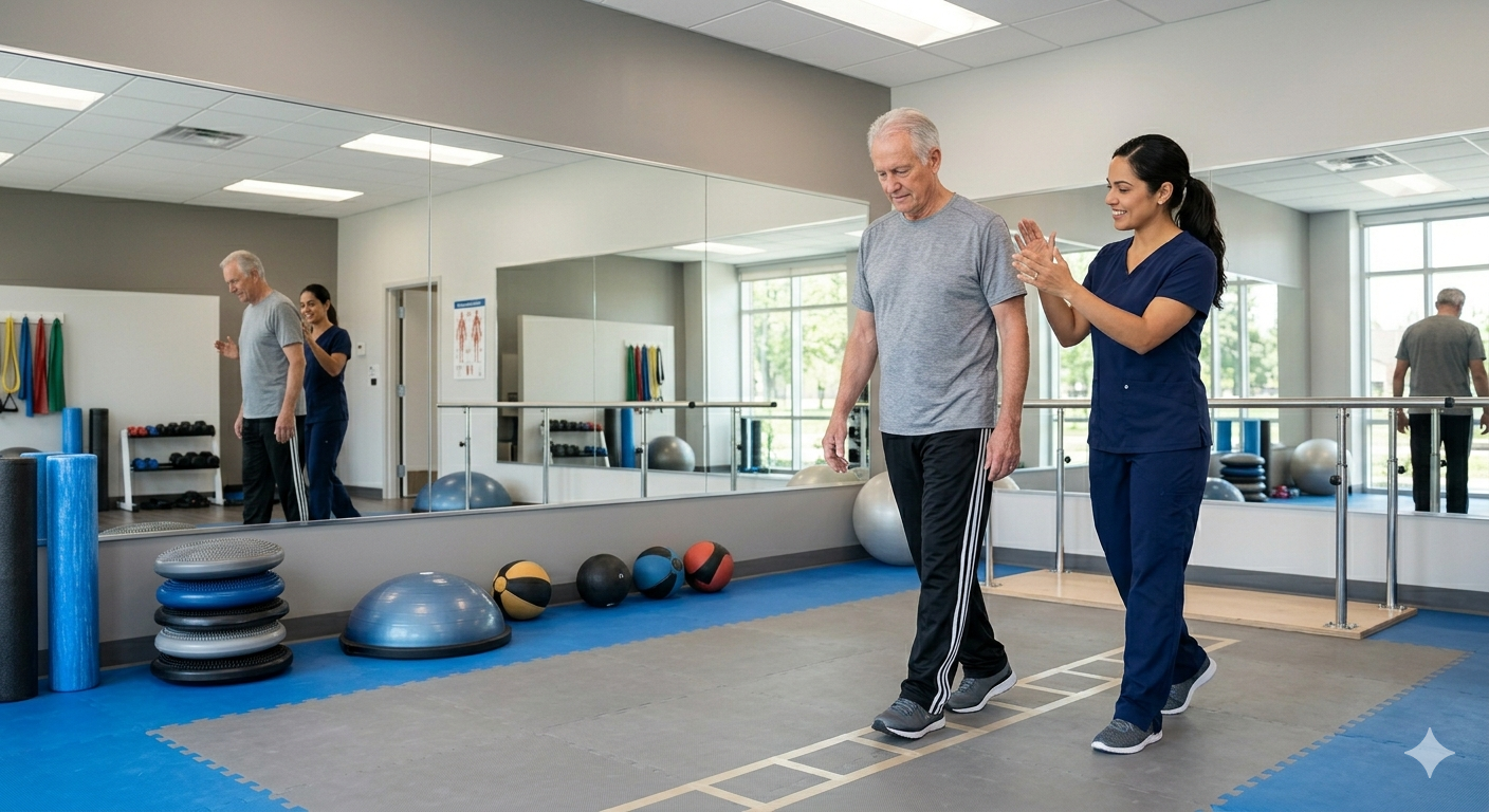 Balance retraining exercise for vestibular rehabilitation at a New Jersey physical therapy clinic Balance retraining exercise for vestibular rehabilitation at a New Jersey physical therapy clinic