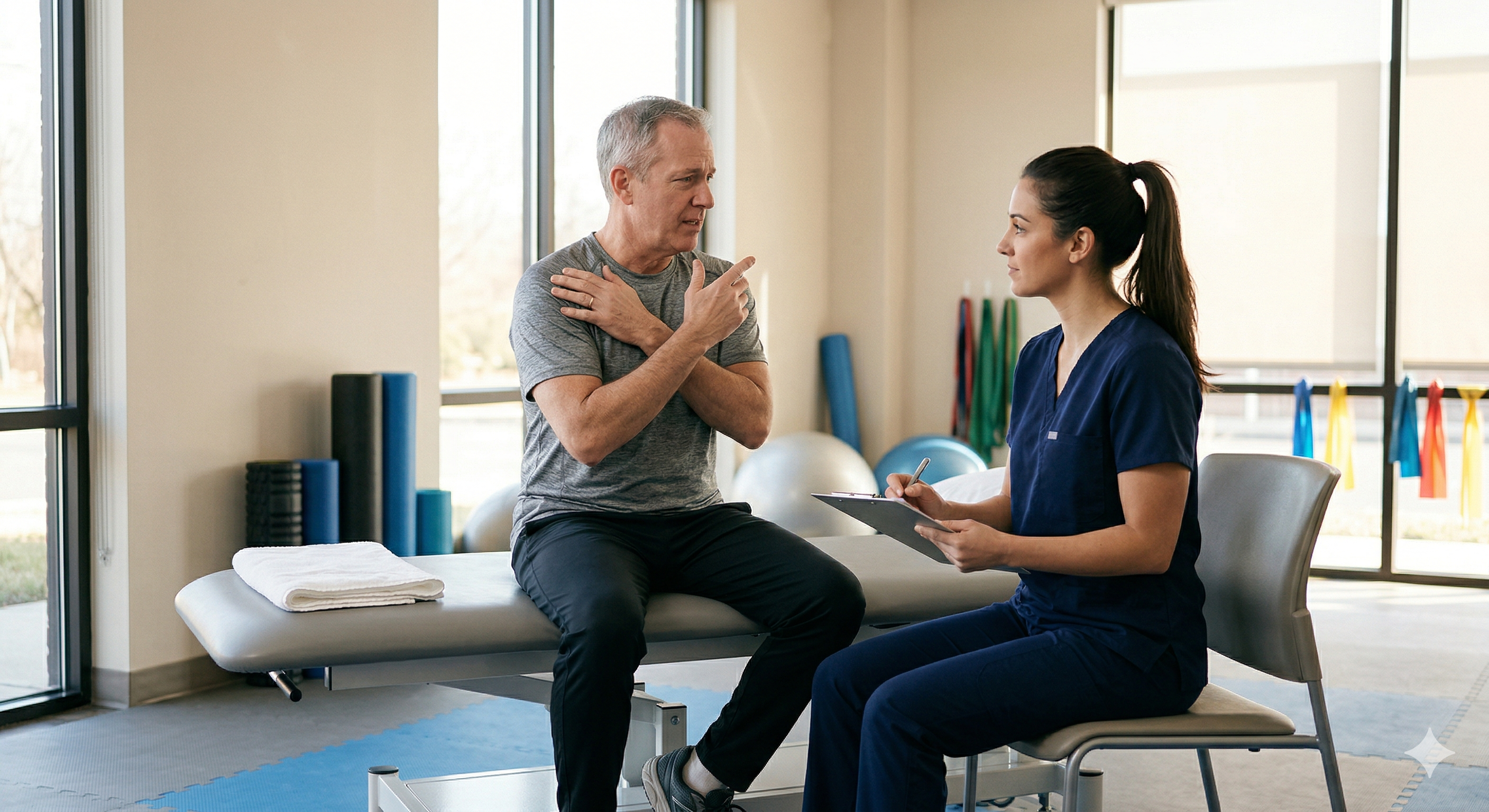 Patient describing shoulder pain during a rotator cuff evaluation at a New Jersey PT clinic Patient describing shoulder pain during a rotator cuff evaluation at a New Jersey PT clinic