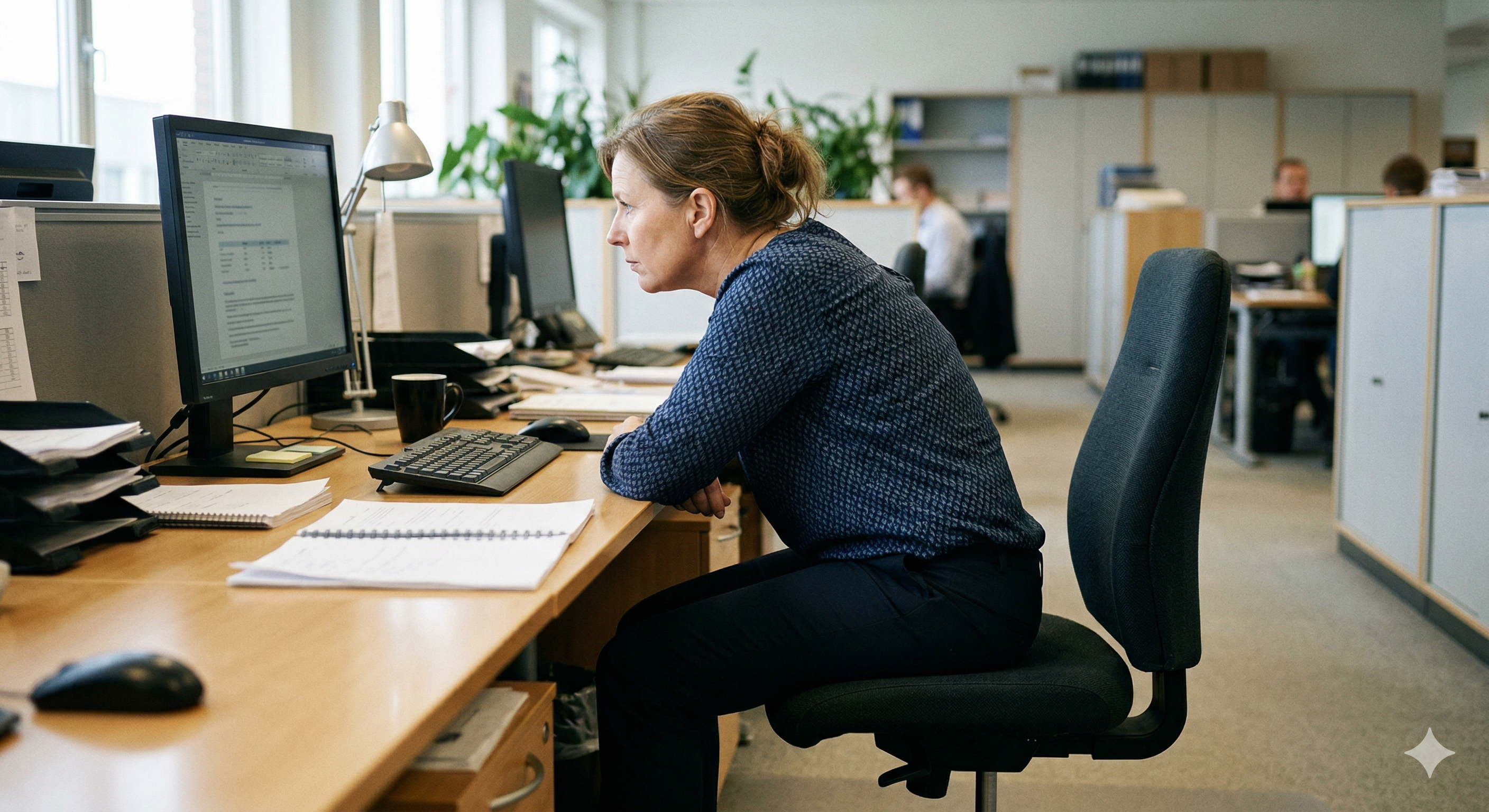 Poor desk posture that causes neck and back pain addressed by posture correction therapy