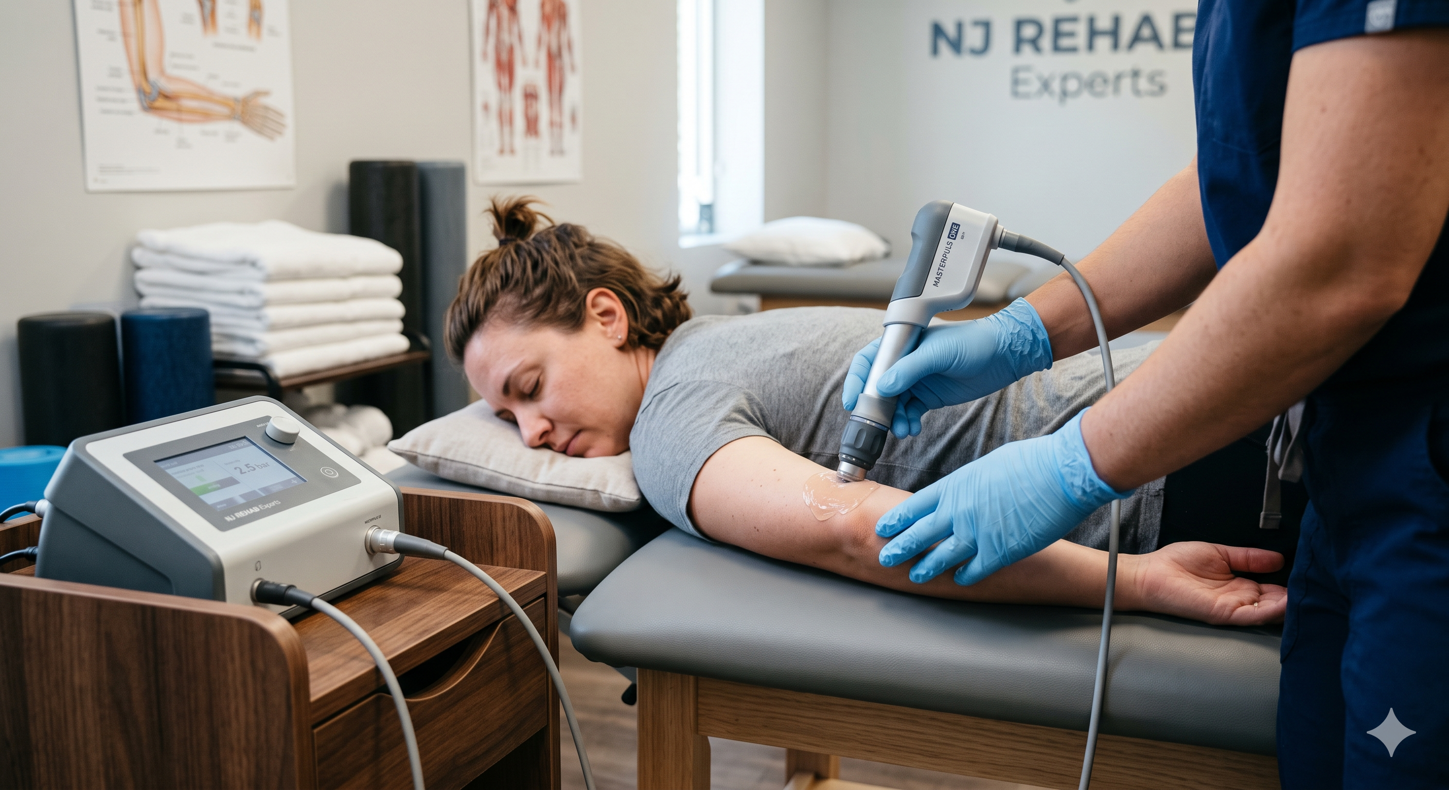 Shockwave therapy treatment for tennis elbow at a Clifton physical therapy clinic