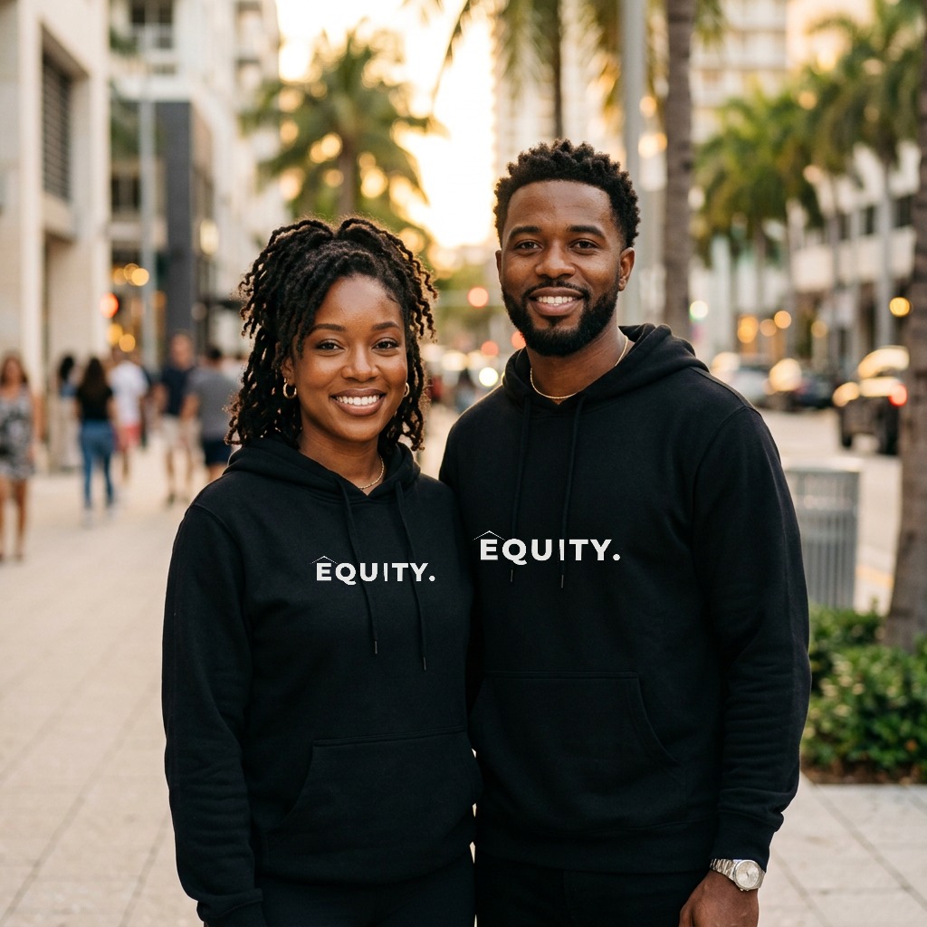 Couple wearing the Equity hoodie on a sunny sidewalk