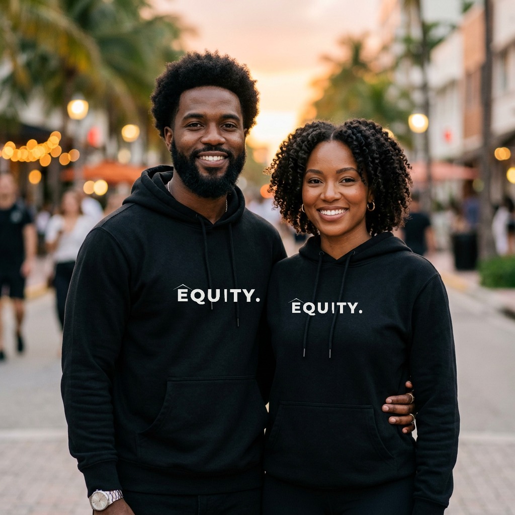 A man and a woman wearing the black Equity hoodie on a Miami street