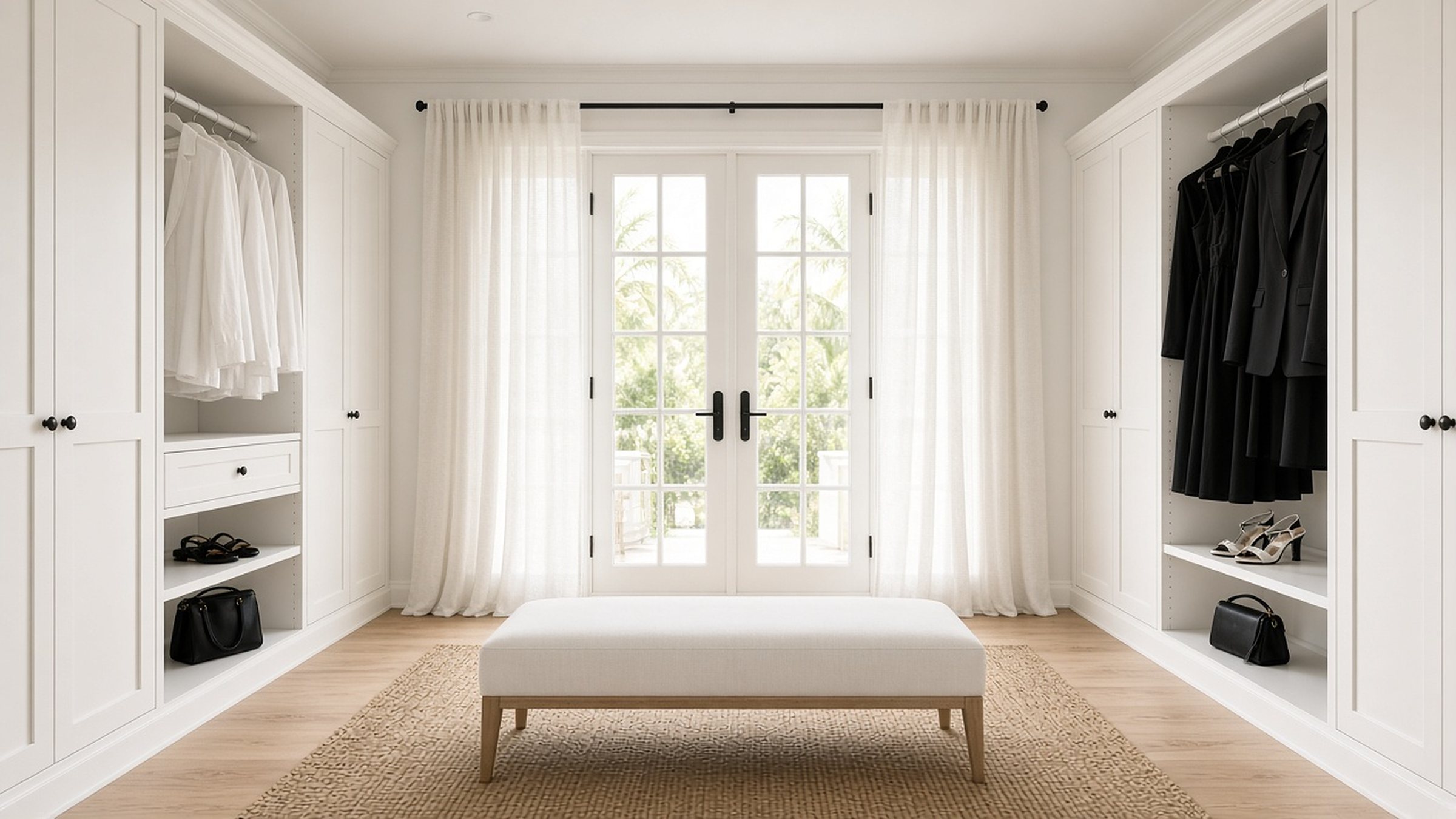 A wide, bright white dressing room with built-in wardrobes, a crystal chandelier, French doors and a white bench