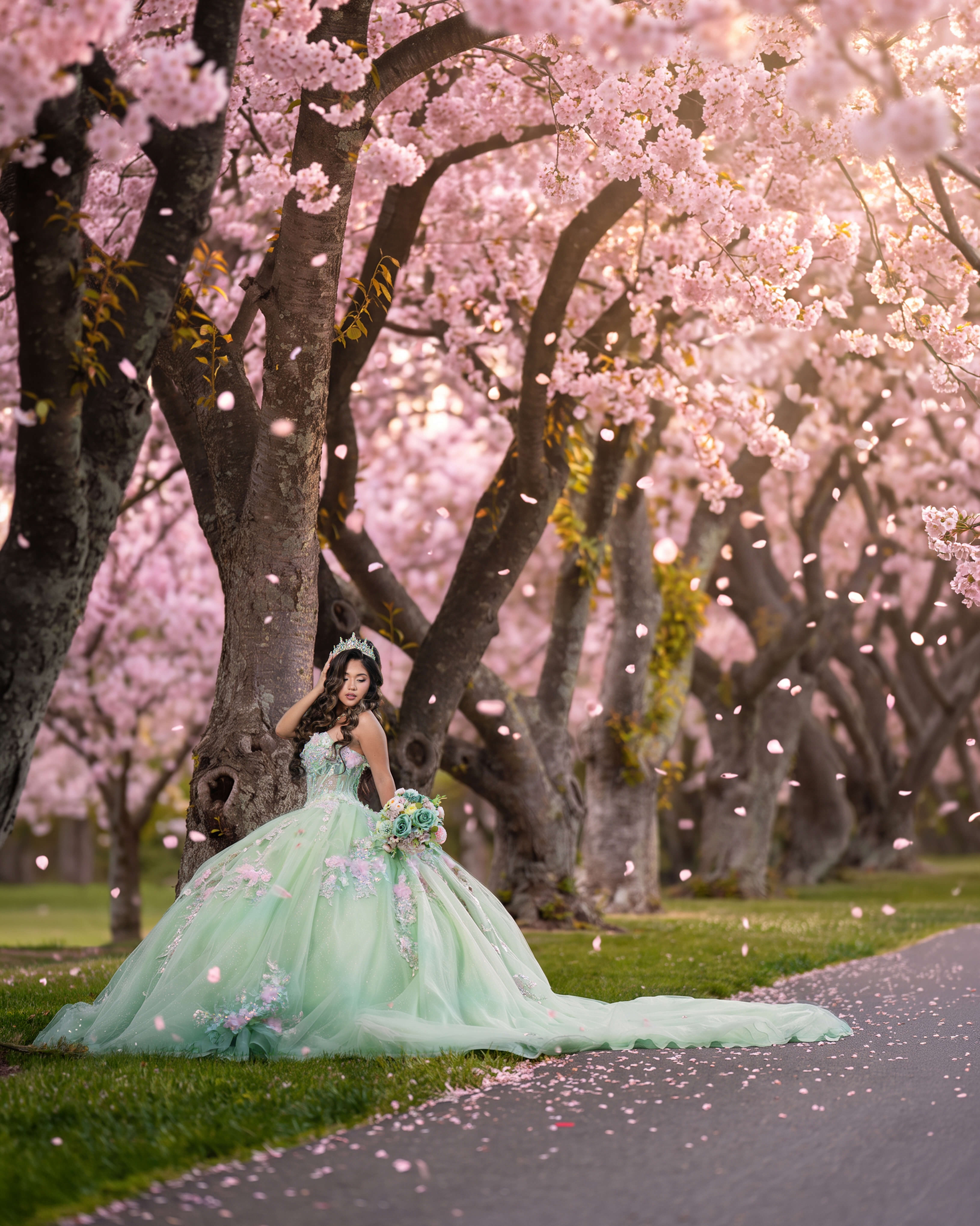 Quinceañera con vestido verde menta entre cerezos en flor