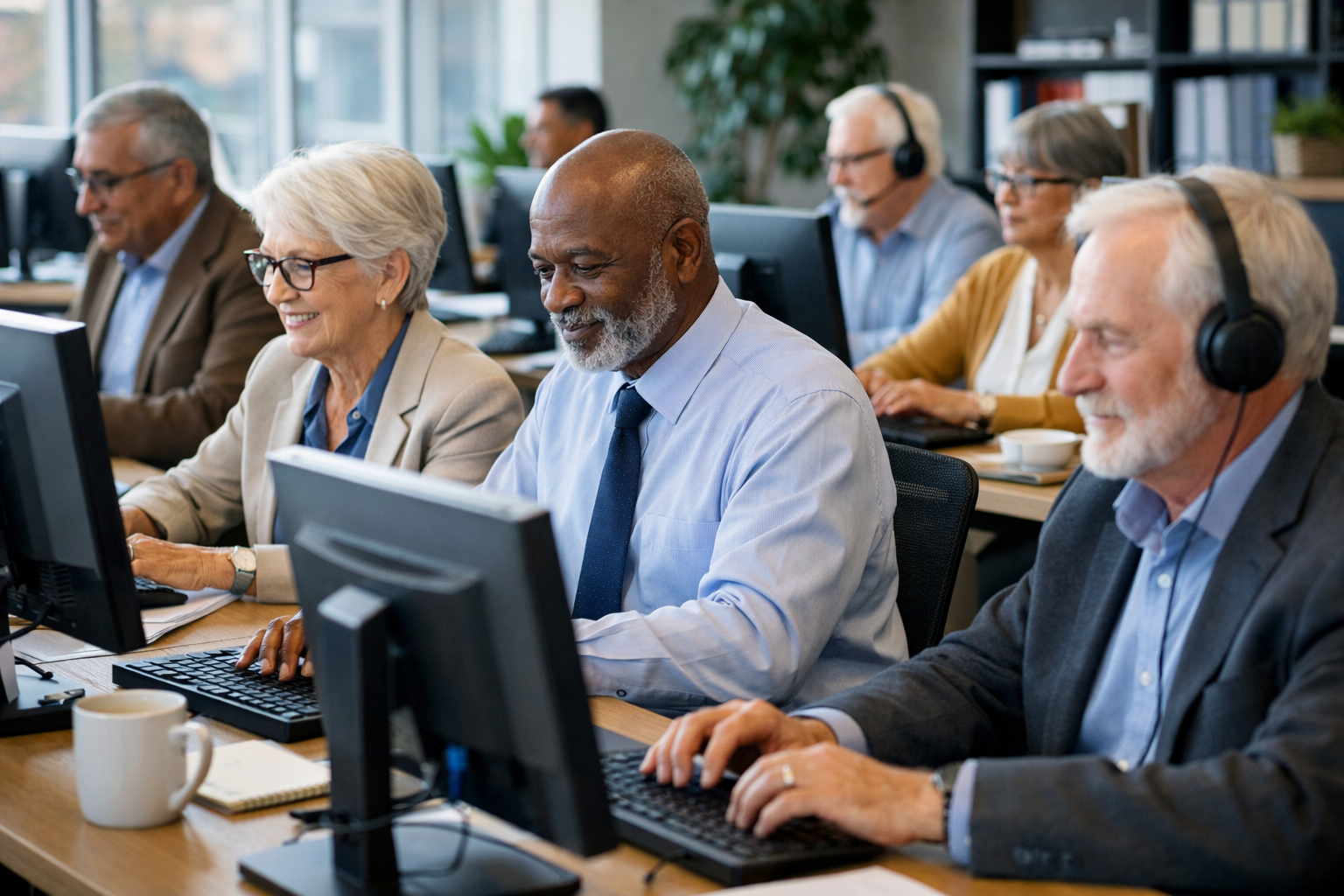 A diverse group of older senior adults working on computers A diverse group of older senior adults working on computers