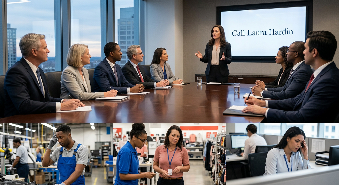 Board members in a room watching woman speak - on the screen are the words "Call Laura Hardin". below the boardroom image, three pictures of frustrated, confused and upset workers. 