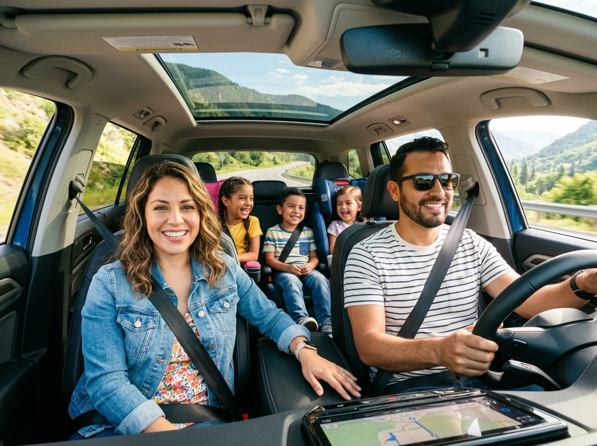 Familia disfrutando de un viaje por carretera con seguridad y confianza