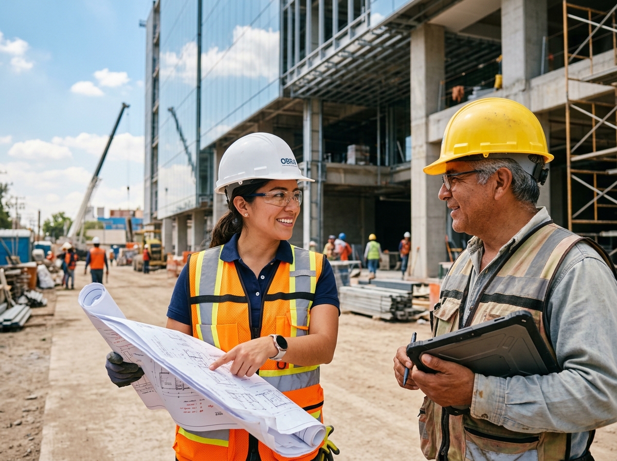 Ingeniera y contratista revisando proyectos de obra con confianza y respaldo