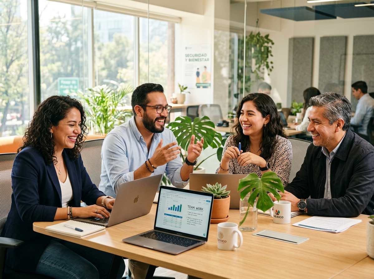 Equipo de trabajo colaborando con optimismo y tranquilidad en una empresa