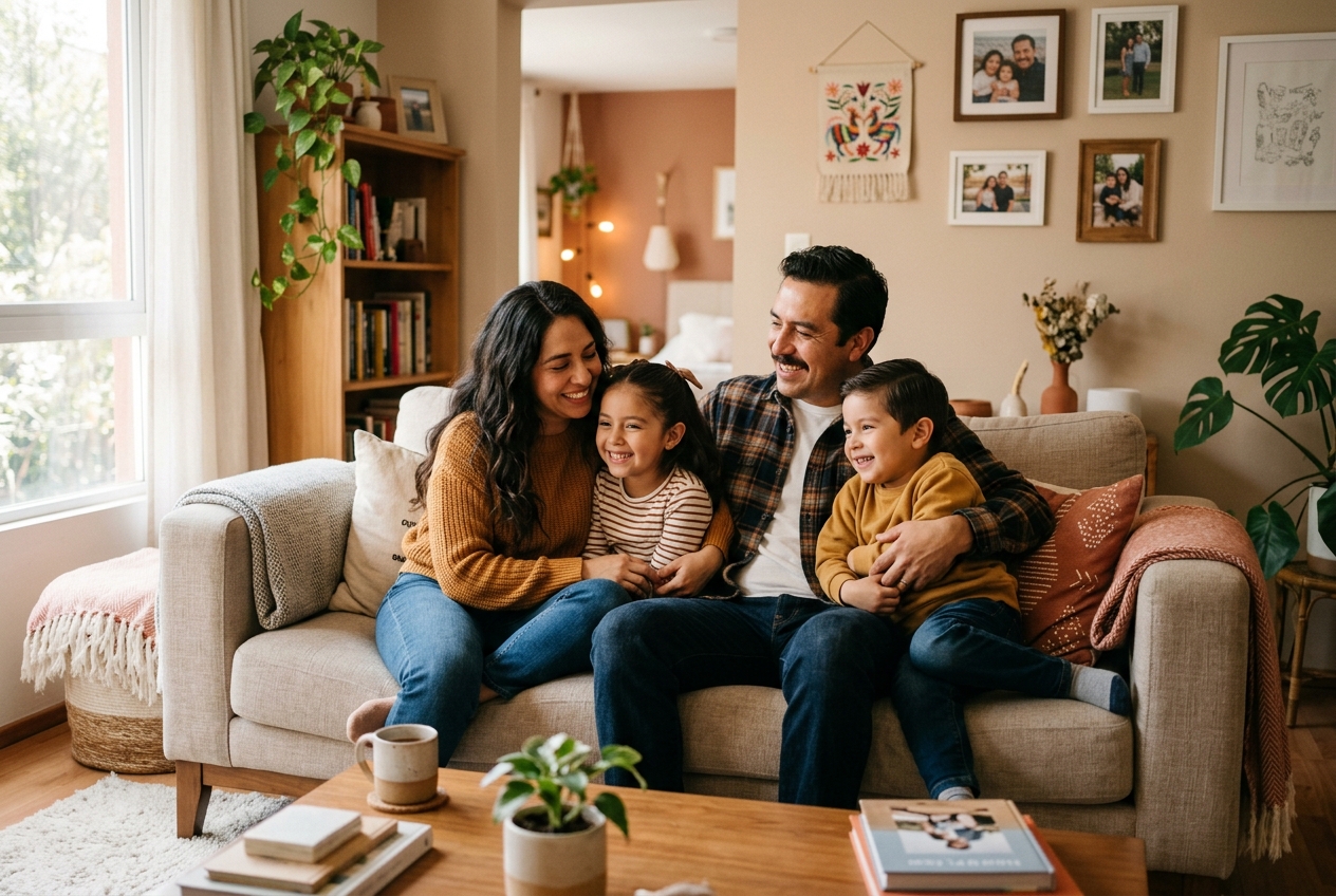 Familia sonriente disfrutando de la tranquilidad y seguridad de su hogar
