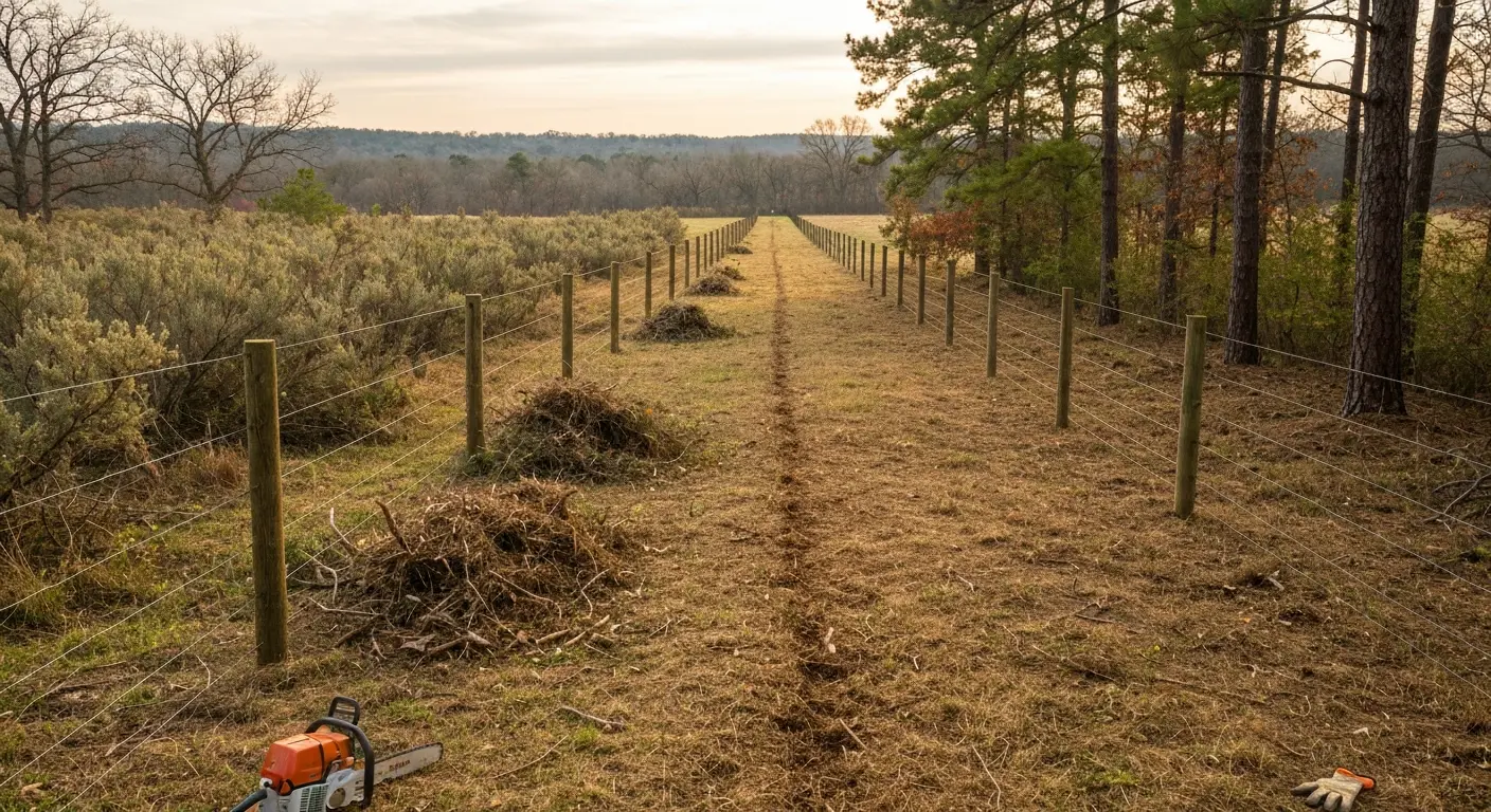 Fence line clearing showing overgrown invasive brush removal