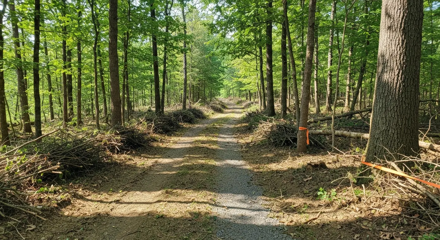 Trail cutting through woodland