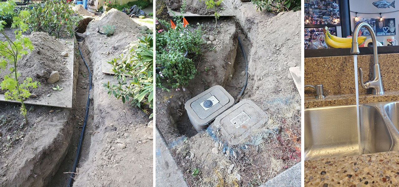 showing a trench with black water supply pipes installed in a garden, near valve boxes, and a kitchen sink faucet running water