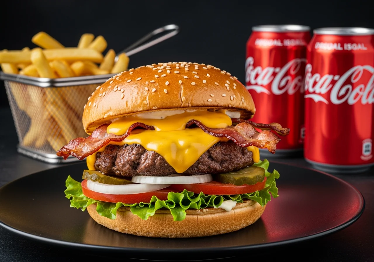 American burger with bacon, cheese, chips and drink from Coffee & Dreams in Adelaide CBD.