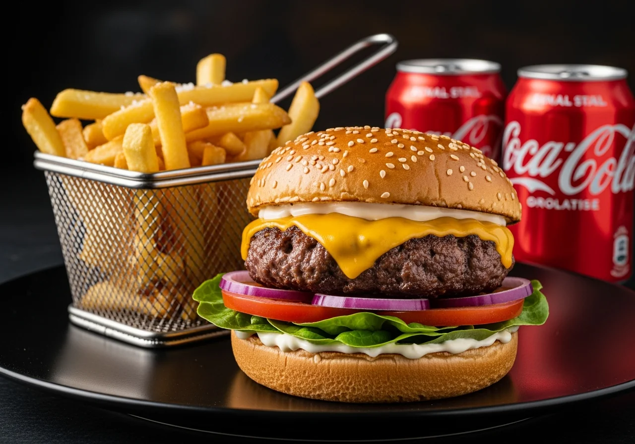 Beef burger with chips and drink from Coffee & Dreams in Adelaide CBD.